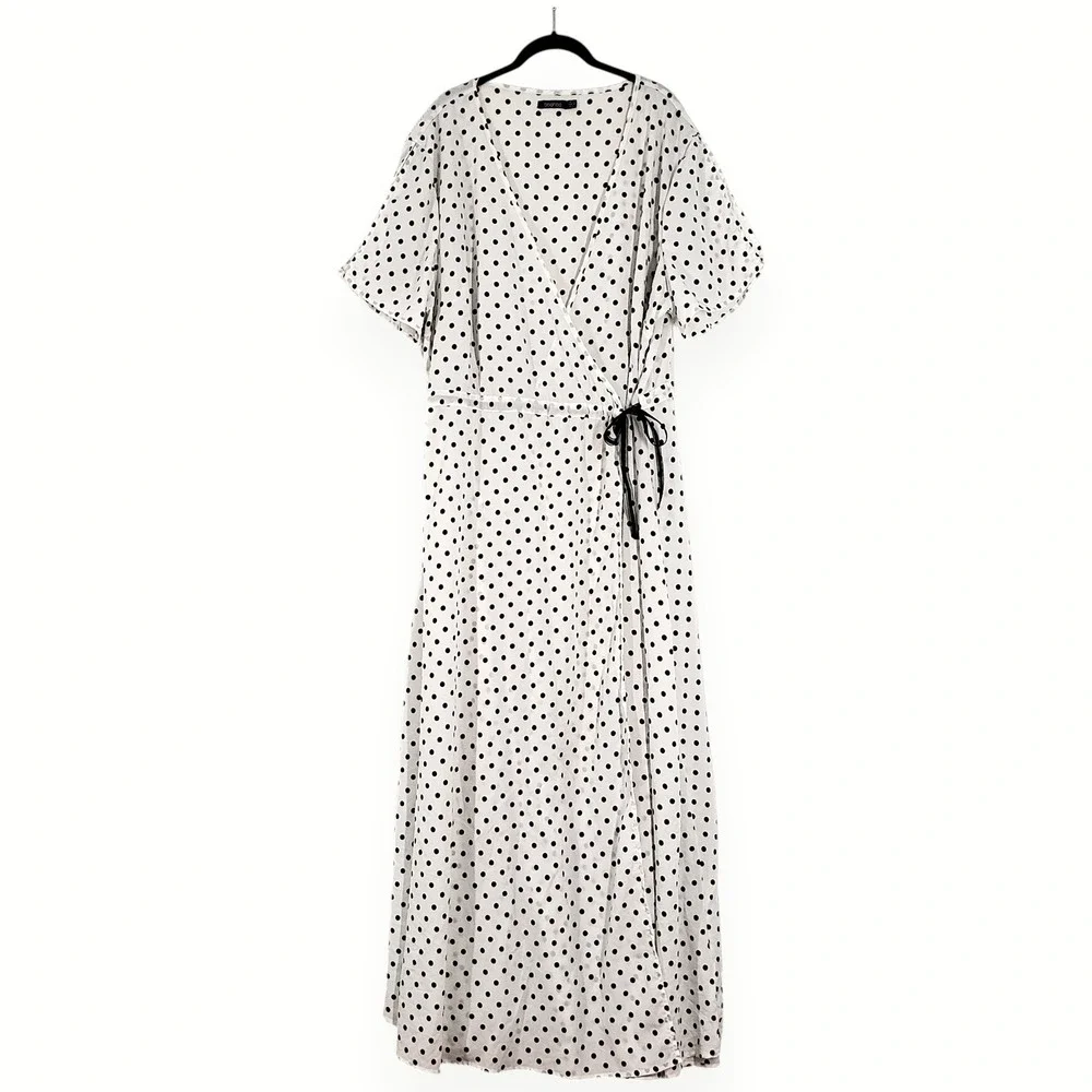 Boohoo Wrap Maxi Dress Womens 24 White Black Polka Dot Short Sleeve Romantic - Picture 1 of 16